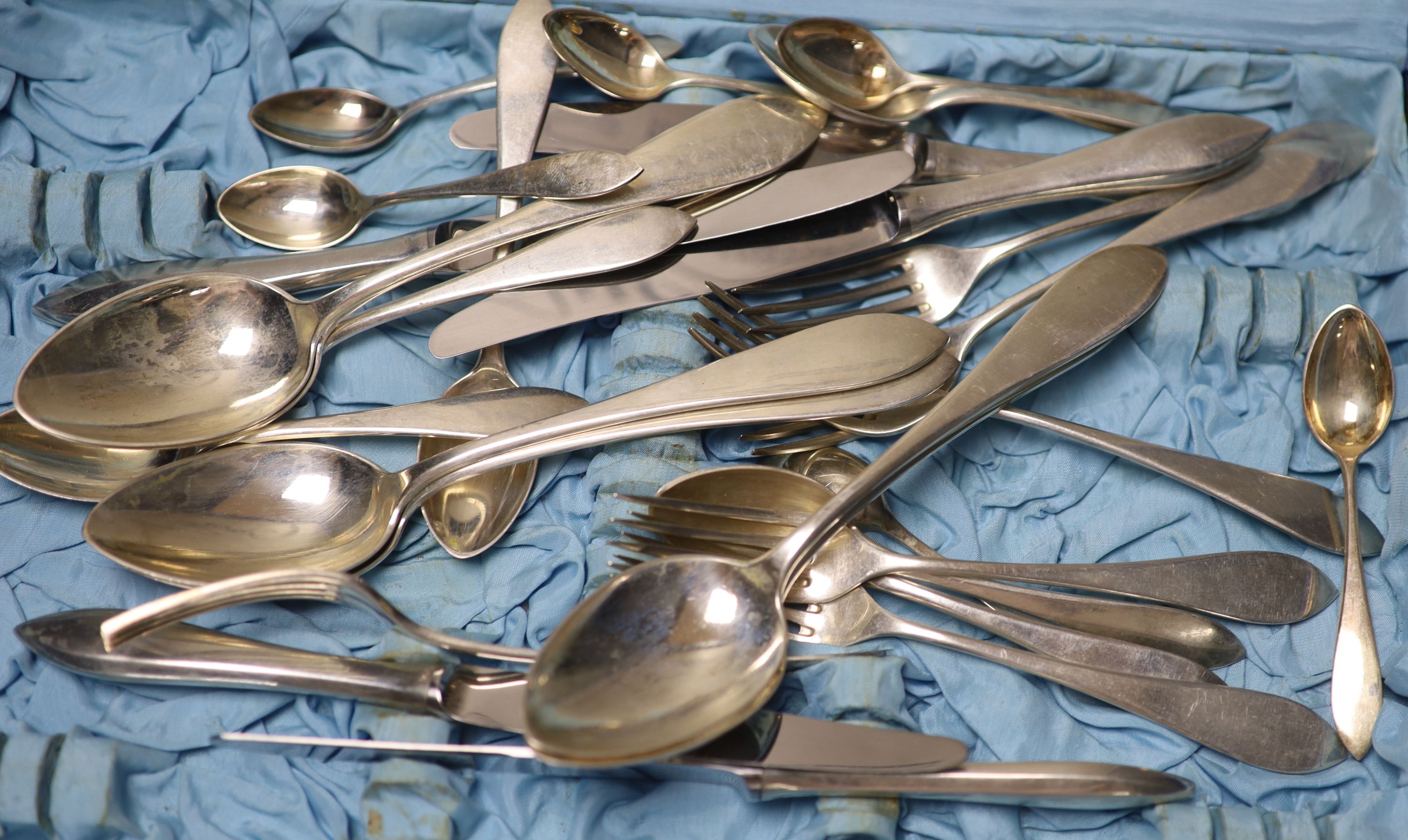 A part canteen of Polish 800 white metal canteen of cutlery in blue box,